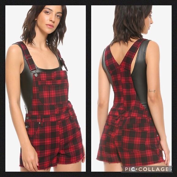 Plaid Red & Black Overalls Junior’s XL - Picture 1 of 12